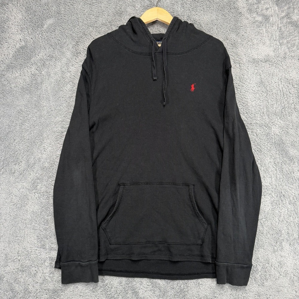 Polo Ralph Lauren Hoodie Mens 2XL Black Waffle‎ Knit Thermal Pony 100% Cotton